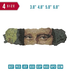 May include: An embroidered patch featuring the eyes of a person. The patch is rectangular with a torn edge design. The patch is approximately 3.8" to 6.8" in length. The patch includes the text "4 SIZE" and various file type abbreviations.