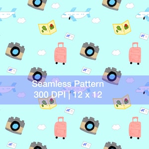 May include: A seamless pattern on a light blue background featuring repeating illustrations of white airplanes, yellow maps with red markers, pink rolling suitcases, gray cameras with blue lenses, and white travel tickets with blue airplane icons.