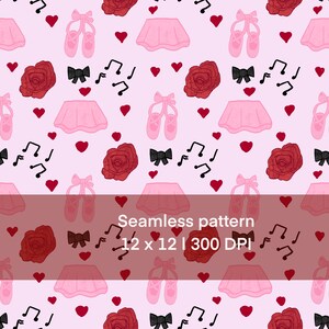 以下が含まれることがあります： バレエをテーマにしたイラストのシームレスパターン。ピンクのバレエシューズ、チュチュ、赤いバラ、黒いリボン、音符、赤いハートが薄いピンク色の背景に描かれています。「Seamless pattern 12 x 12 | 300 DPI」の文字も含まれています。