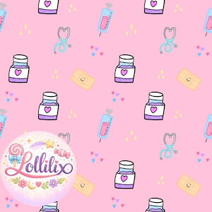 Pastellsjuksköterska sömlöst mönster, sött medicinskt digitalt papper, stetoskopspruta tygdesign, kawaii sjukvård kommersiellt bruk PNG