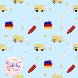 May include: A light blue fabric pattern featuring repeating illustrations of yellow school buses, stacks of three books tied with string, red crayons, white paper airplanes, and small yellow stars. A circular logo with the text Lollilix is present.