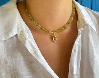 Solare Necklace – Lemon Topaz, Green Amethyst & Hematite Pendant | 925 Sterling Silver Gold Plated | Handmade Natural Stone Jewelry Gift
