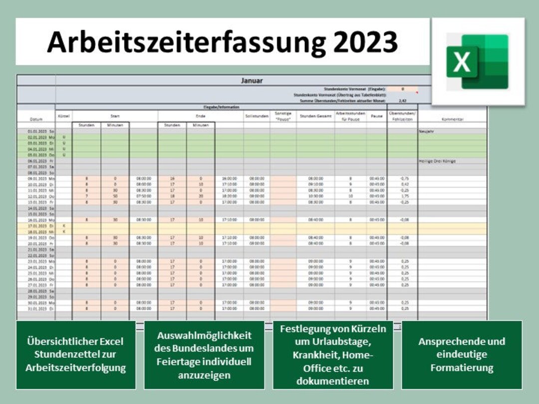 Arbeitszeiterfassung 2023 Excel Template zur Zeiterfassung Etsy.de