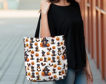 Witch's Black Cat Pumpkin Halloween Tote Bag, Trick or Treat, Spooky Season,  Cat Lovers Tote,  Halloween Gift, Fall tote, Witch Lovers Gift