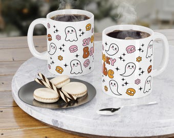 Caneca fantasma de bebê assustador, caneca de outono de Halloween, caneca de café, caneca fantasma fofa, presente para amantes de fantasmas, caneca para amantes de chocolate quente e chá, caneca fantasma com vibrações de outono