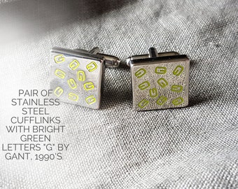 Vintage 1990s Stainless Steel Cufflinks with Bright Green 'G' by GANT