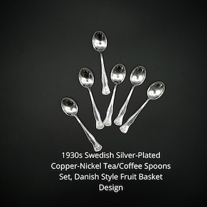 Tea/Coffee Spoons Set, 1930s Swedish Silver-Plated Copper-Nickel, Danish Style Fruit Basket Design