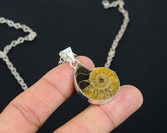 Natural Ammonite Gemstone Silver Pendant,925 Sterling Silver handmade Jewelry, Rare Ammonite Silver Pendant Anniversary Gift for wife