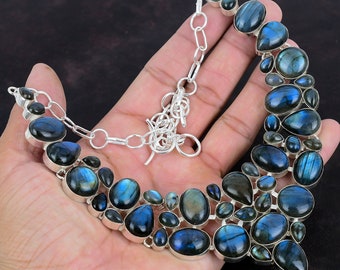 Natural Blue Fire Labradorite Gemstone Handmade 925 Sterling Silver Jewelry Necklace Gift For Love