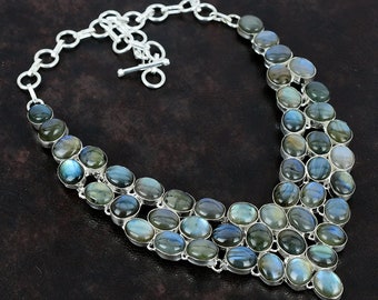 Handmade Labradorite Gemstone Necklace: 925 Sterling Silver, 18 Inch