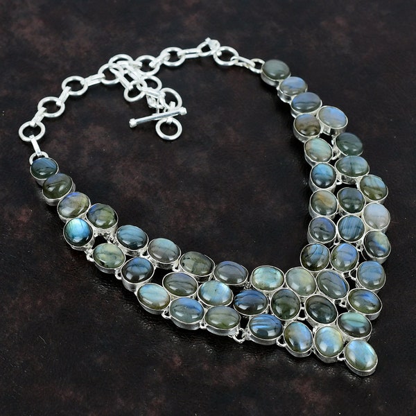 Pierres précieuses labradorite faites main / collier en argent sterling 925 / Pierres précieuses estampées 925 / Collier labradorite naturelle cadeau pour l'amour