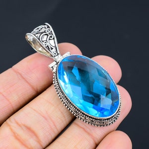 Blue Topaz Silver Pendant: Handmade 925 Sterling Vintage Jewelry