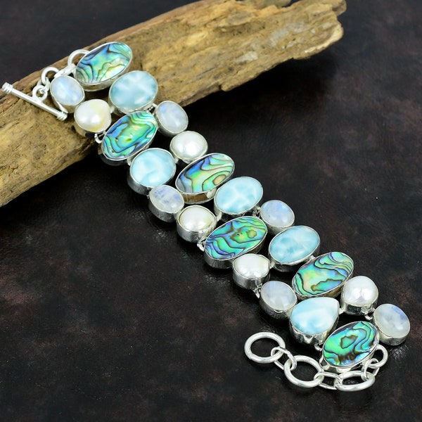 Abalone Shell , Moonstone Gemstone Handmade 925 Sterling Silver Bracelet  Natural Moonstone Gemstone Bracelet Gift For Love