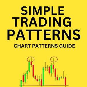 May include: A yellow background with black text that reads "SIMPLE TRADING PATTERNS CHART PATTERNS GUIDE". A red line is drawn across the middle of the image. A candlestick chart is shown below the line with green and red candlesticks. Two red circles are drawn around two of the candlesticks.