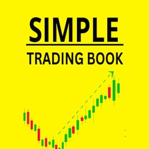 Op de afbeelding: Een gele achtergrond met de tekst "SIMPLE TRADING BOOK" in zwart. Een groene en rode candlestick-grafiek met een opwaartse trendlijn is weergegeven.