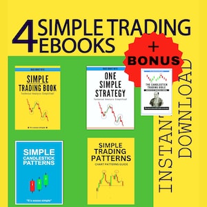 Może przedstawiać: Cztery żółte i niebieskie okładki ebooków z tytułem "Simple Trading" i tekstem "Make Money With" na każdej okładce. Okładki przedstawiają wykresy i tekst "It's soooo simple". Obraz zawiera również czerwone koło z tekstem "Bonus" i białą okładkę z tekstem "The Candlestick Trading Bible".