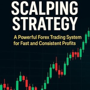 Könnte beinhalten: Buchcover mit dem Titel "1-MINUTE SCALPING STRATEGY" in großen weißen Buchstaben. Darunter steht der Text "A Powerful Forex Trading System for Fast and Consistent Profits." Im Hintergrund befindet sich eine Börsenchart-Grafik.