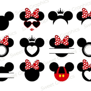 Op de afbeelding: Set van tien zwarte en witte muizenkop-silhouetten met rode en witte stippenboogjes. Sommige silhouetten hebben een kroon, een zonnebril, een hart of een lege ruimte voor tekst.