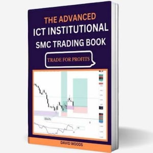 May include: Book cover with a blue background and the title "The Advanced ICT Institutional SMC Trading Book: Trade for Profits" in white text. The cover also features a chart with a black line graph and a light blue and pink shaded area.