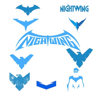 Może przedstawiać: Kolekcja logo i emblematów Nightwing w różnych odcieniach niebieskiego. Słowo "NIGHTWING" jest wyświetlane w stylizowanej czcionce. Obraz zawiera różne warianty symbolu Nightwing, w tym sylwetkę postaci.