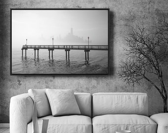 New York B&W Canvas Wall Art Manhattan In Fog River Bridge Canvas By MXNY - Large Gallery Wrapped Canvas Art Print With/Without Frame