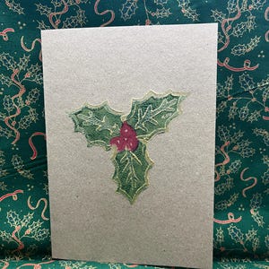 Stechpalme und Beeren Linoldruck Weihnachtskarte