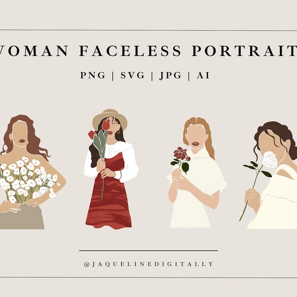 Woman Faceless Portraits Svg, Minimal Svg, Aesthetic Svg, Cut File Cricut, Flowers Svg, Minimal Boho Women Face Clip Art