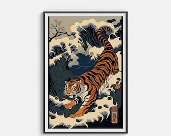 Tiger in a Wave Art Print | Ukiyoe Style Painting | Digital