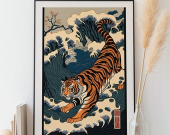 Tiger in a Wave Art Print | Ukiyoe Style Painting | Digital