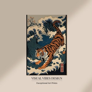 May include: A digital art print depicting a tiger walking on a wave with a mountain in the background. The tiger is orange and black with white stripes. The wave is blue and white. The mountain is blue and green. The print has a Japanese aesthetic.