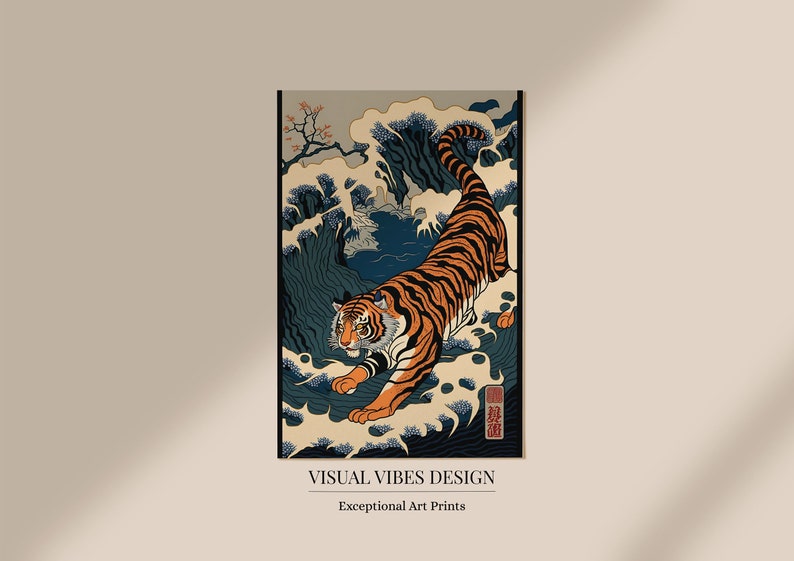 May include: A digital art print depicting a tiger walking on a wave with a mountain in the background. The tiger is orange and black with white stripes. The wave is blue and white. The mountain is blue and green. The print has a Japanese aesthetic.