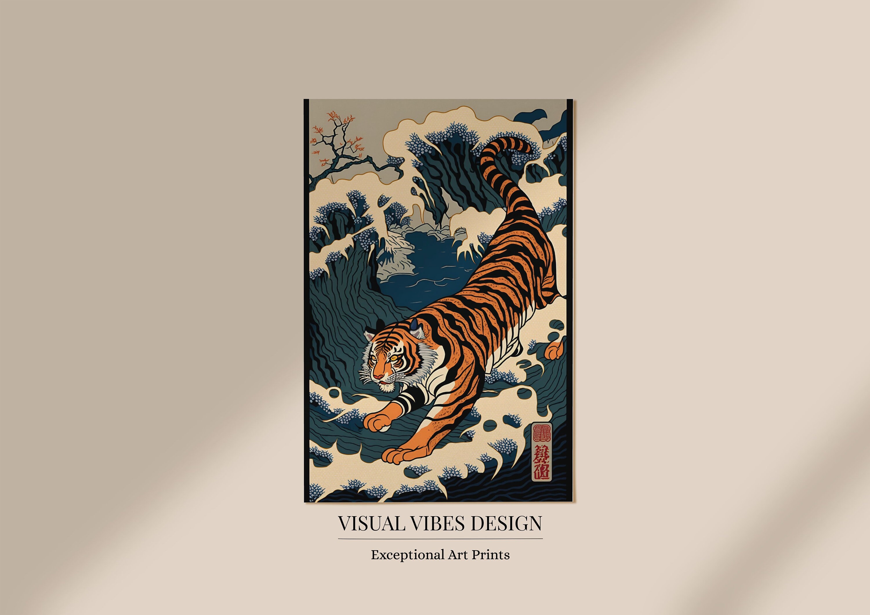 Tiger in a Wave Art Print | Ukiyoe Style Painting | Digital