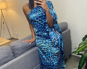 Robe satinée asymétrique animal print Bleue du S au XXXL