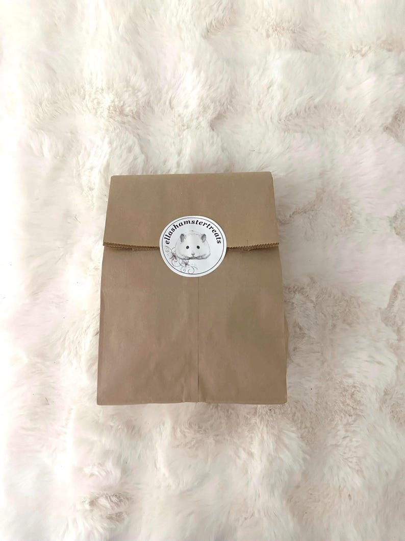 K&ouml;nnte beinhalten: Ein brauner Papiersack, verschlossen mit einer d&uuml;nnen Schnur, mit einem runden Aufkleber mit dem Text "ellashamstertreats" und einer Hamsterillustration. Der Beutel liegt auf einem flauschigen, wei&szlig;en Hintergrund.