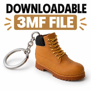 May include: A 3D printed tan work boot keychain with yellow laces, a black padded collar, and a brown lug sole attached to a silver metal split ring. The text DOWNLOADABLE 3MF FILE is displayed in black and white above the boot keychain.