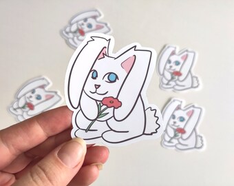 Cute bunny sticker, bunny holding flower, cute vinyl sticker for notebook, phone sticker, laptop sticker, easter, year of the rabbit,