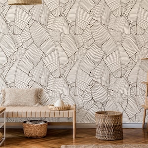 Banana Leaves Wallpaper, Peel and Stick and Traditional Wallpaper, Leaves Mural, Palm Tree Leaves Wallpaper, Light Leaves Wallpaper