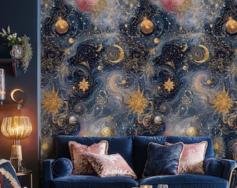 Celestial Wallpaper: Navy Blue, Gold Moon Stars, Peel and Stick