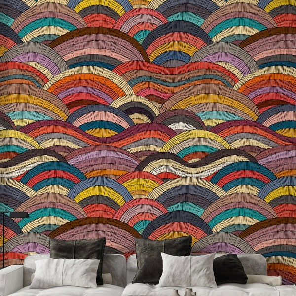 Colorful Wave Wallpaper, Abstract Peel and Stick Wallpaper, Removable Wallpaper, Art Deco Wallpaper, Wallpaper Mural, 3d Wallpaper