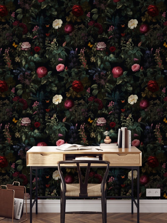 Dark Floral Wallpaper: Vintage Botanical Peel and Stick Mural