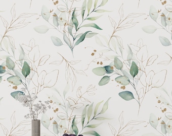 May include: A white background with a repeating pattern of green and gold watercolour leaves and branches. The pattern is subtle and elegant, and would be perfect for a modern home.