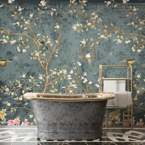 Vintage Chinoiserie Wallpaper with Birds Floral Ancient Wallpaper, Asian Wall Art, Peacock with Peony Flowers Wall Mural, Vintage Wallpaper