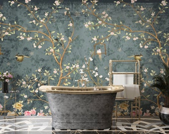 Vintage Chinoiserie Wallpaper with Birds Floral Ancient Wallpaper, Asian Wall Art, Peacock with Peony Flowers Wall Mural, Vintage Wallpaper