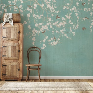 Green Chinoiserie Wallpaper Cherry Blossom, Vintage Chinoiserie Wallpaper with Birds Floral Ancient Wallpaper, Tree Branch Wallpaper