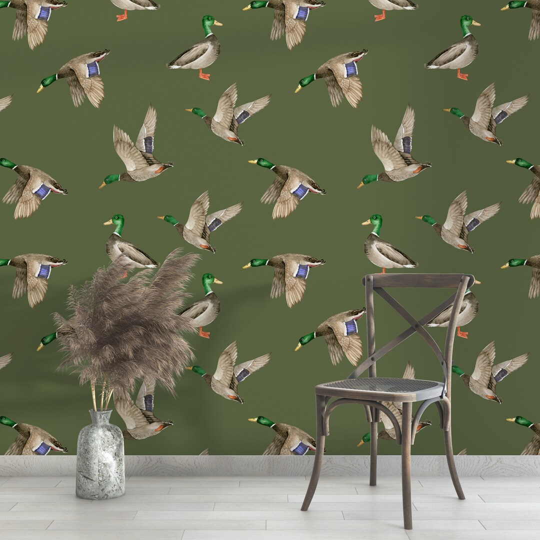 Hand Painted Ducks Wallpaper, Vintage Duck Peel and Stick Birds, Wall