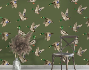 Hand Painted Duck Wallpaper: Vintage Wildlife Cabin Peel and Stick Mural