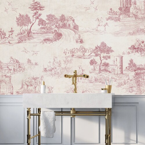 Vintage Toile de Jouy Wallpaper: Monochrome Landscape Mural, Peel and Stick