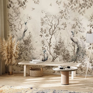 Vintage Chinoiserie Wallpaper with Birds Floral Ancient Wallpaper, Peel and Stick Wallpaper Landscape, Asian Wall Art, Vintage Wallpaper