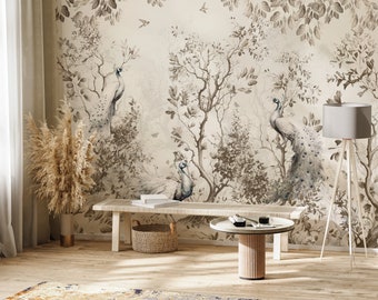 Vintage Chinoiserie Wallpaper with Birds Floral Ancient Wallpaper, Peel and Stick Wallpaper Landscape, Asian Wall Art, Vintage Wallpaper