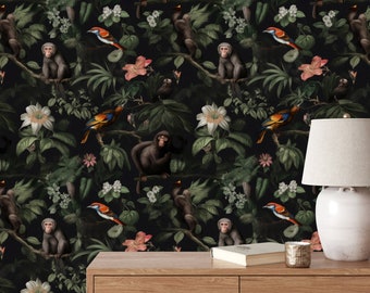 Könnte beinhalten: Schwarz-weiße Tapete mit Dschungel-Motiv. Die Tapete zeigt Affen, Vögel und Blumen. Die Tapete ist ein sich wiederholendes Muster.